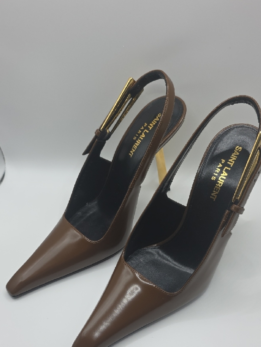 Saint Laurent Brown Patent Leather Slingback Heels with Gold Accent - Picture 9 of 16